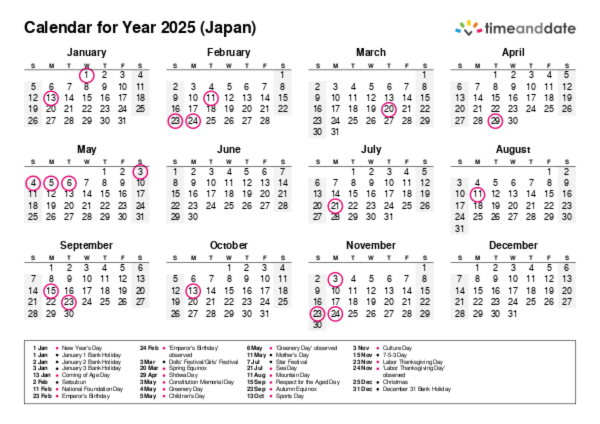 Calendar for 2025 in Japan